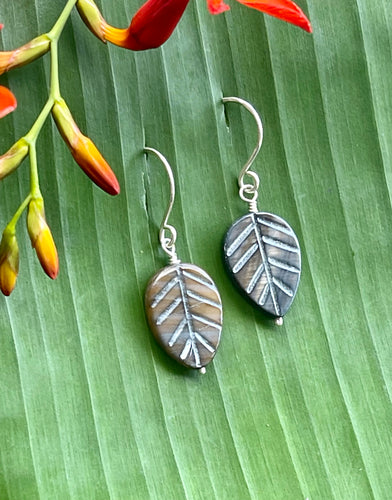 Black Leaf Earrings - Carved Shell