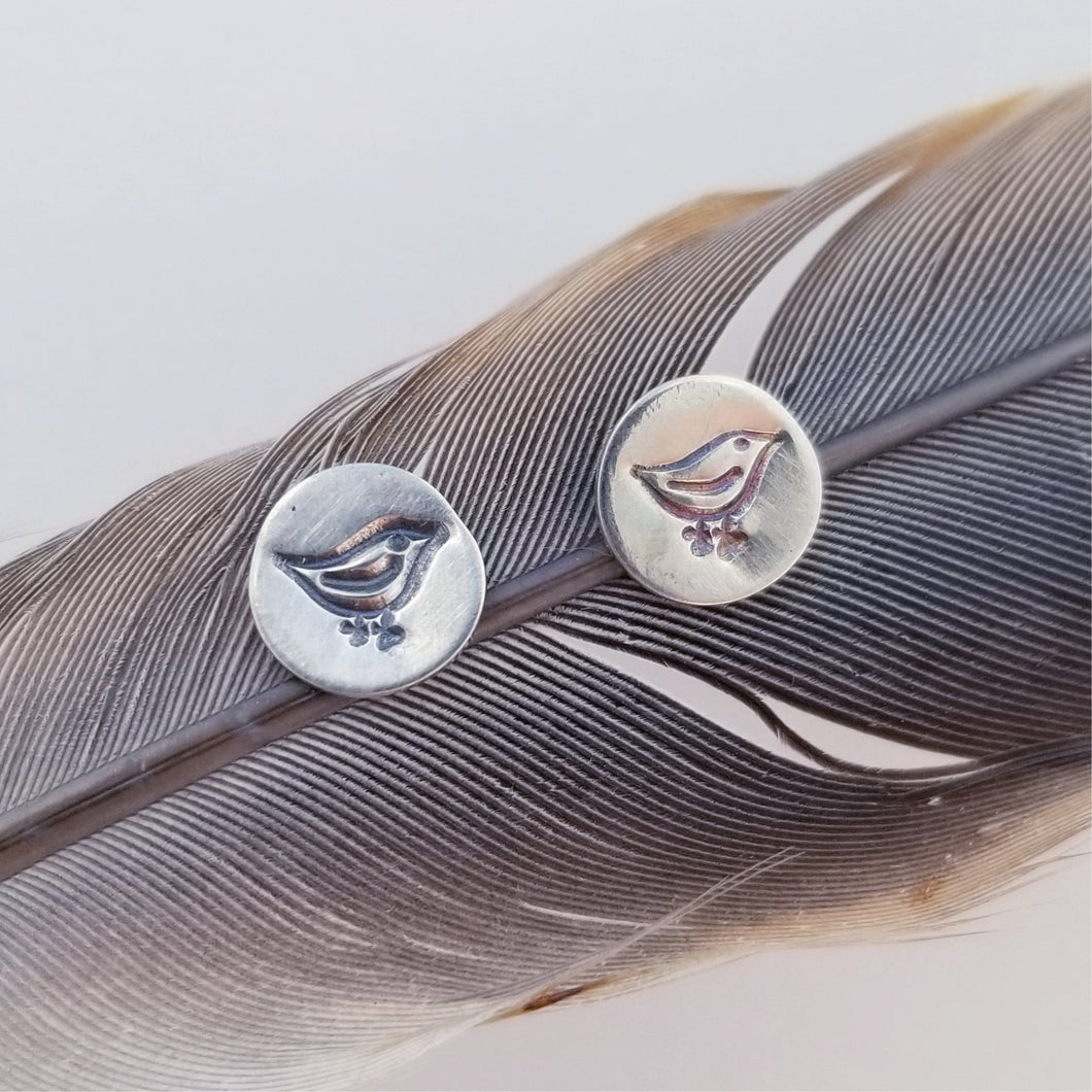 Bird Stud Earrings, Sterling Silver, Hand Stamped